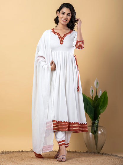 Red White Anarkali Premium Rayon Kurta Pant Set with Cotton Dupatta–3 Piece Ready to Wear Salwar Kameez Suit Set-750120