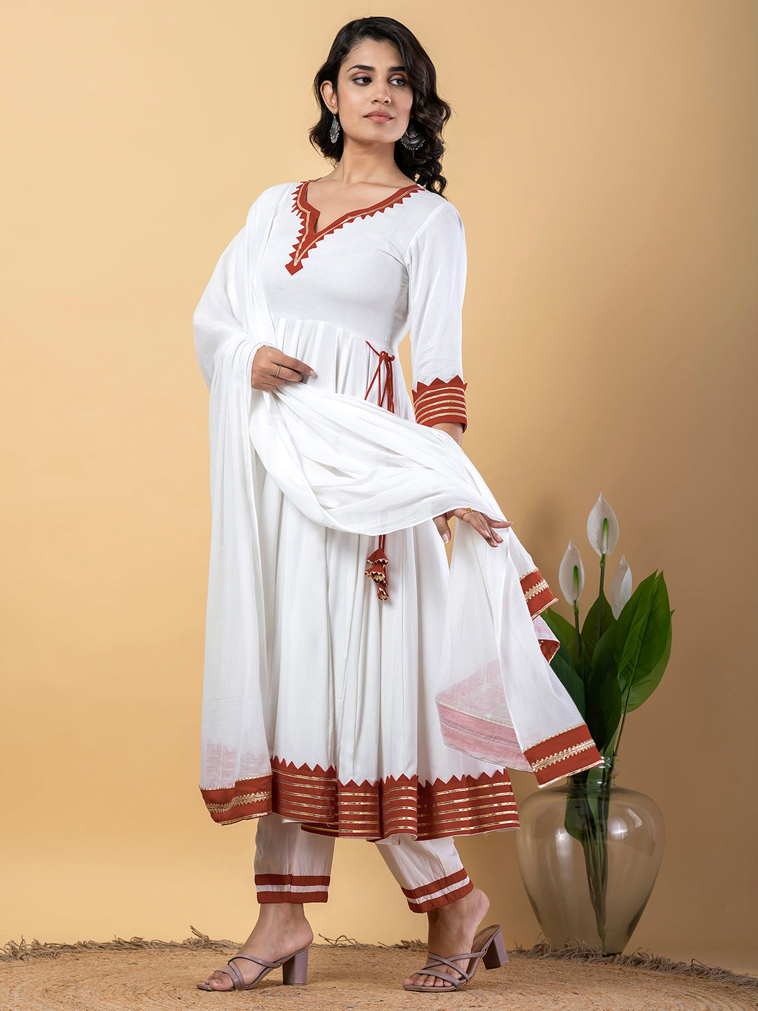 Red White Anarkali Premium Rayon Kurta Pant Set with Cotton Dupatta–3 Piece Ready to Wear Salwar Kameez Suit Set-750120