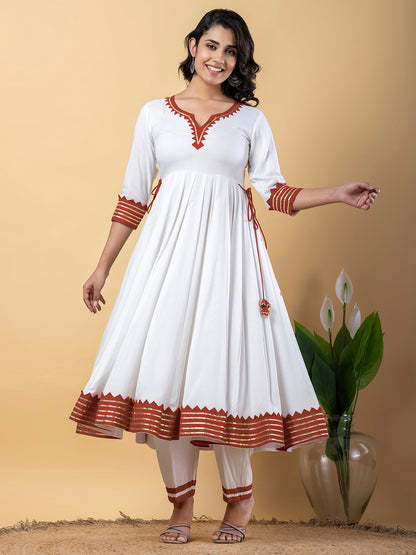 Red White Anarkali Premium Rayon Kurta Pant Set with Cotton Dupatta–3 Piece Ready to Wear Salwar Kameez Suit Set-750120