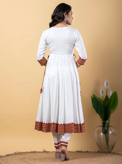 Red White Anarkali Premium Rayon Kurta Pant Set with Cotton Dupatta–3 Piece Ready to Wear Salwar Kameez Suit Set-750120