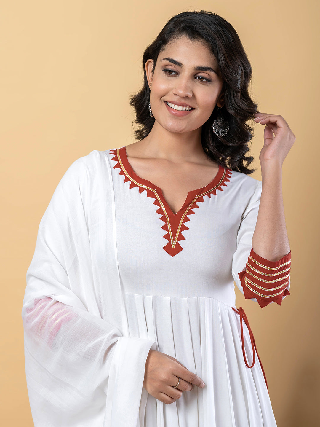 Red White Anarkali Premium Rayon Kurta Pant Set with Cotton Dupatta–3 Piece Ready to Wear Salwar Kameez Suit Set-750120