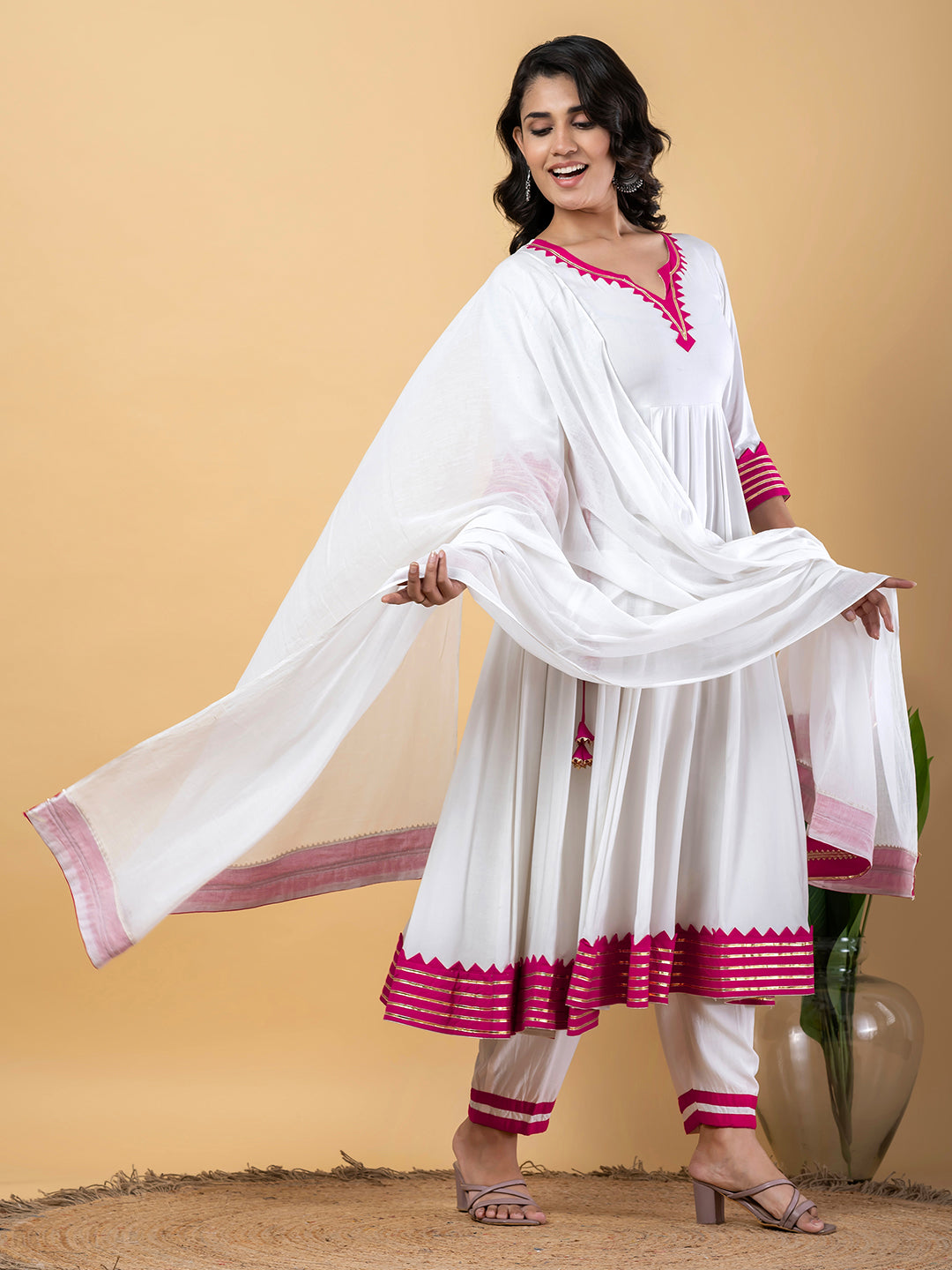 Pink White Anarkali Premium Rayon Kurta Pant Set with Cotton Dupatta–3 Piece Ready to Wear Salwar Kameez Suit Set-750121