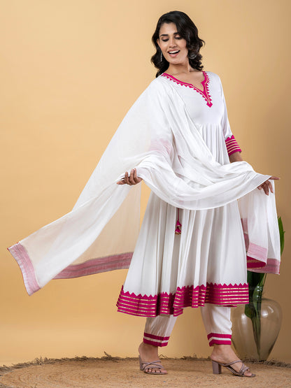 Pink White Anarkali Premium Rayon Kurta Pant Set with Cotton Dupatta–3 Piece Ready to Wear Salwar Kameez Suit Set-750121