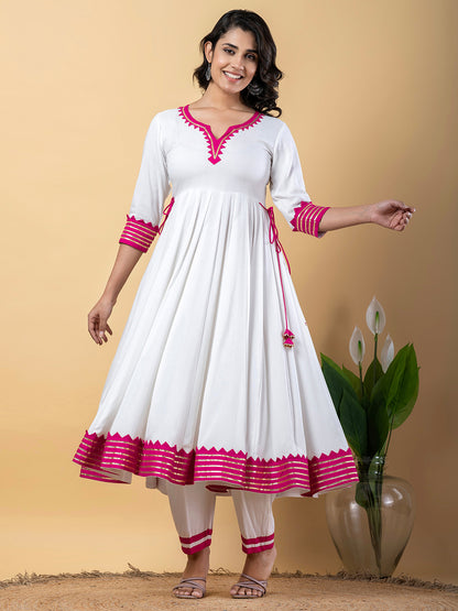 Pink White Anarkali Premium Rayon Kurta Pant Set with Cotton Dupatta–3 Piece Ready to Wear Salwar Kameez Suit Set-750121