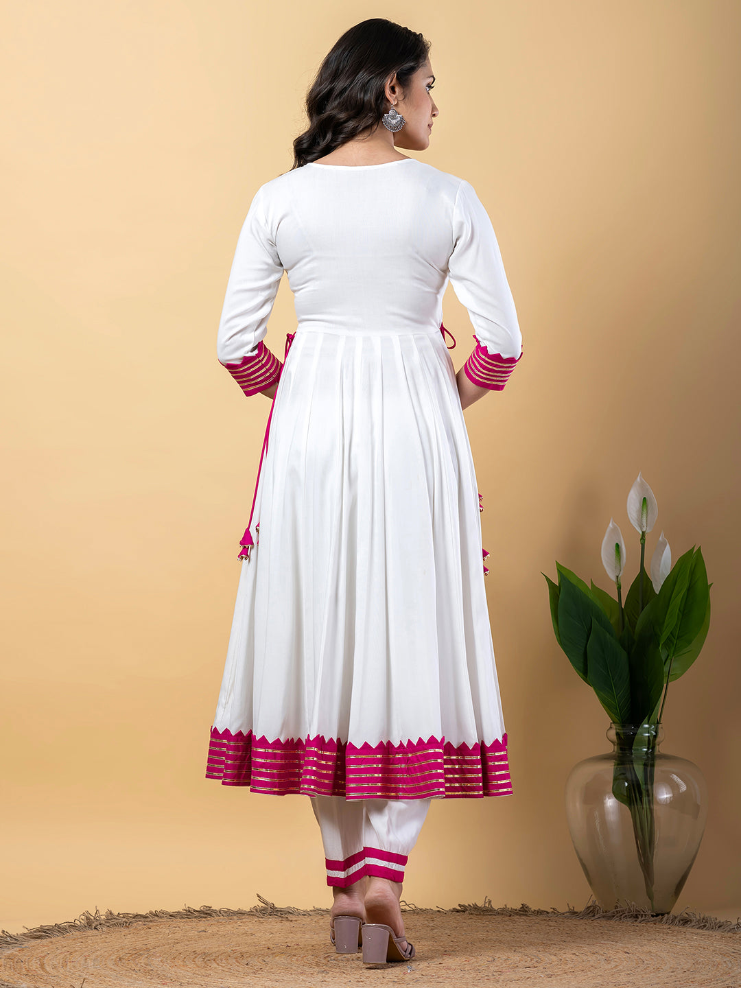 Pink White Anarkali Premium Rayon Kurta Pant Set with Cotton Dupatta–3 Piece Ready to Wear Salwar Kameez Suit Set-750121