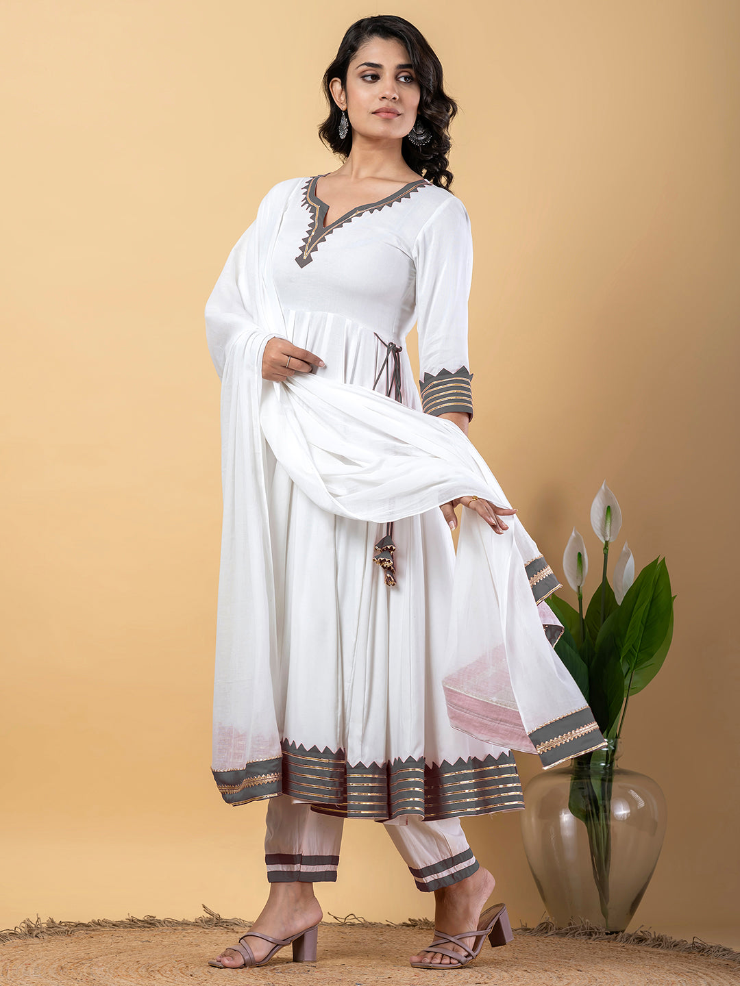 Grey White Anarkali Premium Rayon Kurta Pant Set with Cotton Dupatta–3 Piece Ready to Wear Salwar Kameez Suit Set-750122