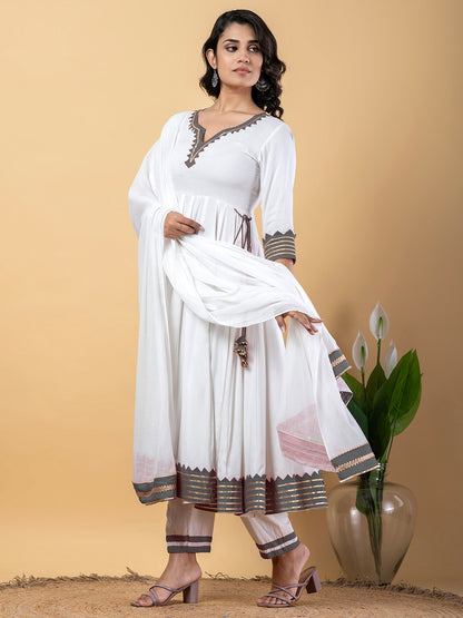Grey White Anarkali Premium Rayon Kurta Pant Set with Cotton Dupatta–3 Piece Ready to Wear Salwar Kameez Suit Set-750122