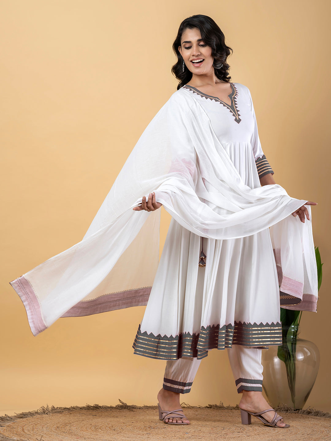 Grey White Anarkali Premium Rayon Kurta Pant Set with Cotton Dupatta–3 Piece Ready to Wear Salwar Kameez Suit Set-750122