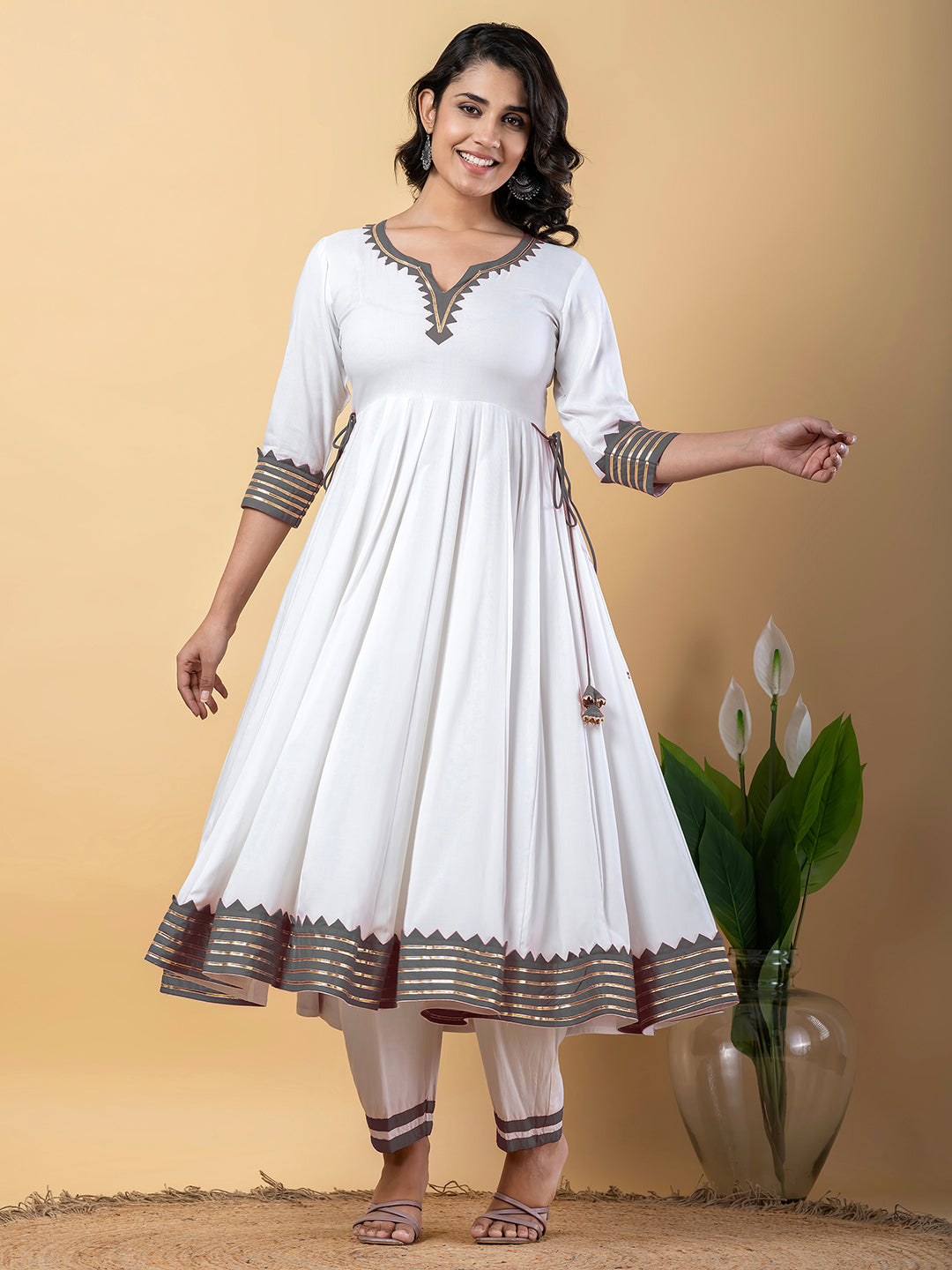 Grey White Anarkali Premium Rayon Kurta Pant Set with Cotton Dupatta–3 Piece Ready to Wear Salwar Kameez Suit Set-750122
