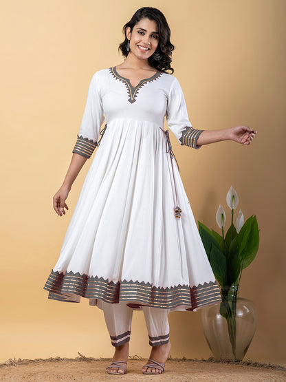 Grey White Anarkali Premium Rayon Kurta Pant Set with Cotton Dupatta–3 Piece Ready to Wear Salwar Kameez Suit Set-750122