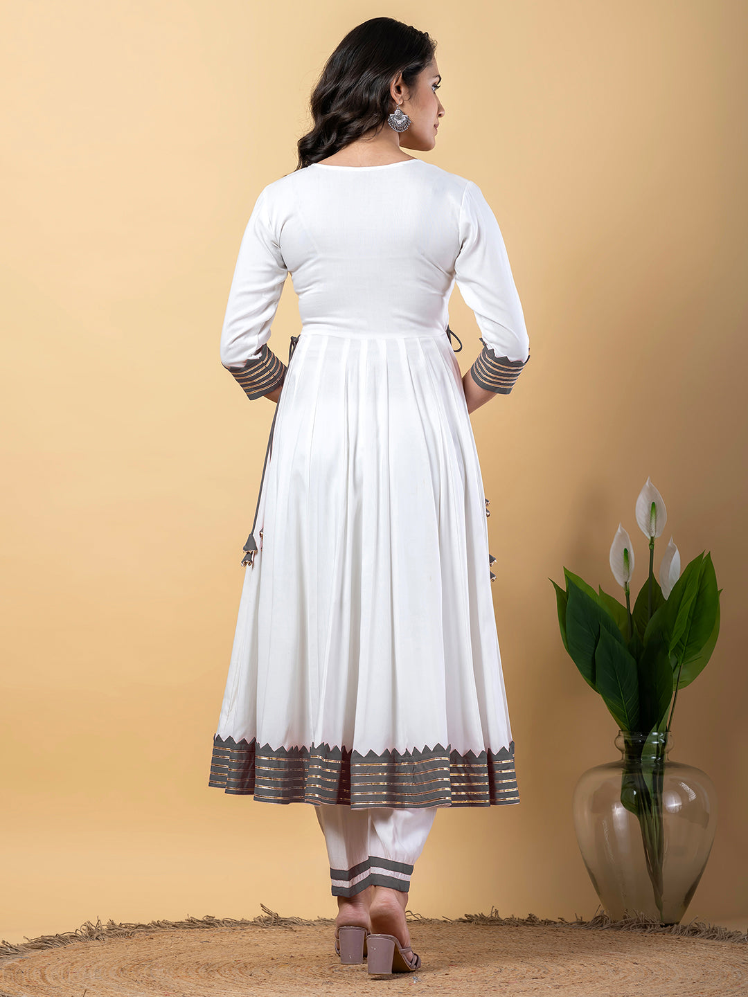 Grey White Anarkali Premium Rayon Kurta Pant Set with Cotton Dupatta–3 Piece Ready to Wear Salwar Kameez Suit Set-750122