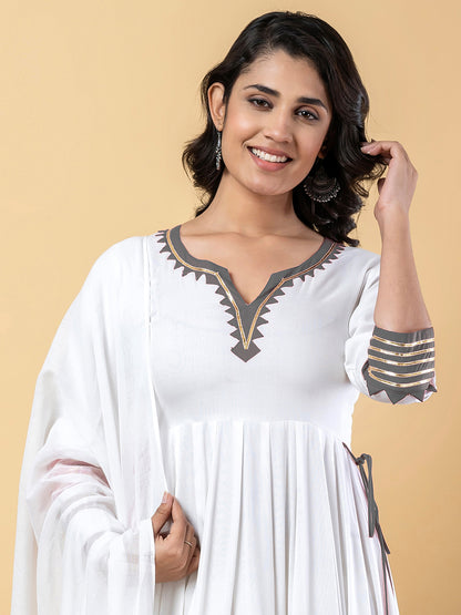 Grey White Anarkali Premium Rayon Kurta Pant Set with Cotton Dupatta–3 Piece Ready to Wear Salwar Kameez Suit Set-750122