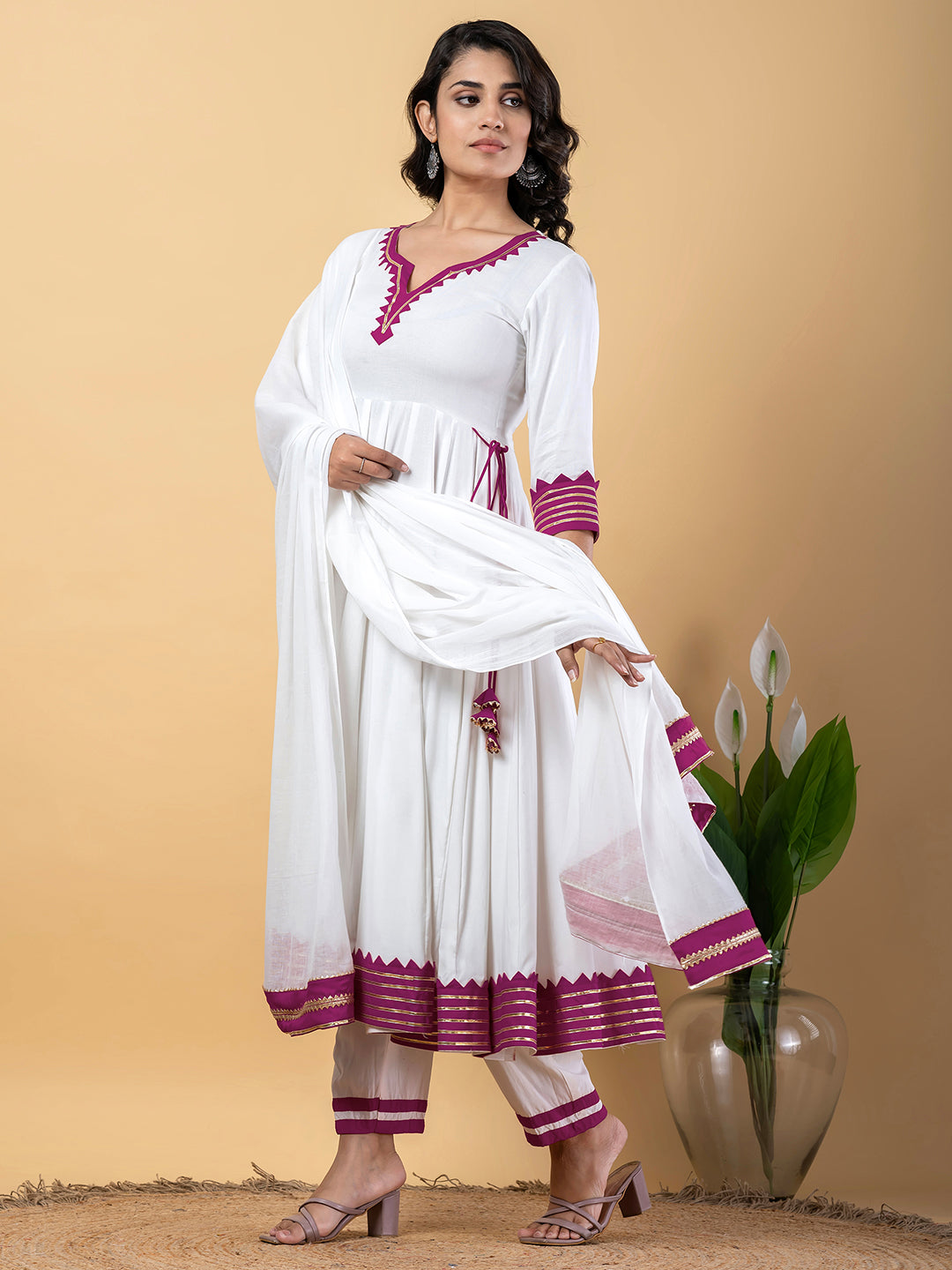 Purple White Anarkali Premium Rayon Kurta Pant Set with Cotton Dupatta–3 Piece Ready to Wear Salwar Kameez Suit Set-750123