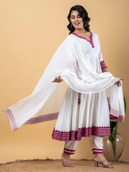 Purple White Anarkali Premium Rayon Kurta Pant Set with Cotton Dupatta–3 Piece Ready to Wear Salwar Kameez Suit Set-750123