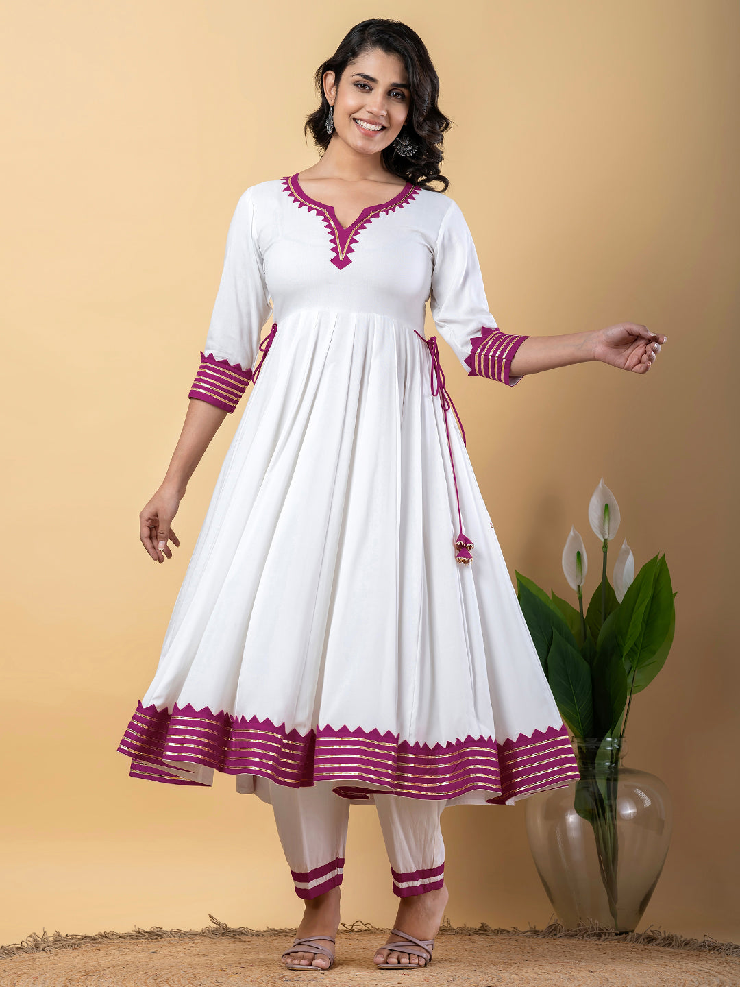 Purple White Anarkali Premium Rayon Kurta Pant Set with Cotton Dupatta–3 Piece Ready to Wear Salwar Kameez Suit Set-750123