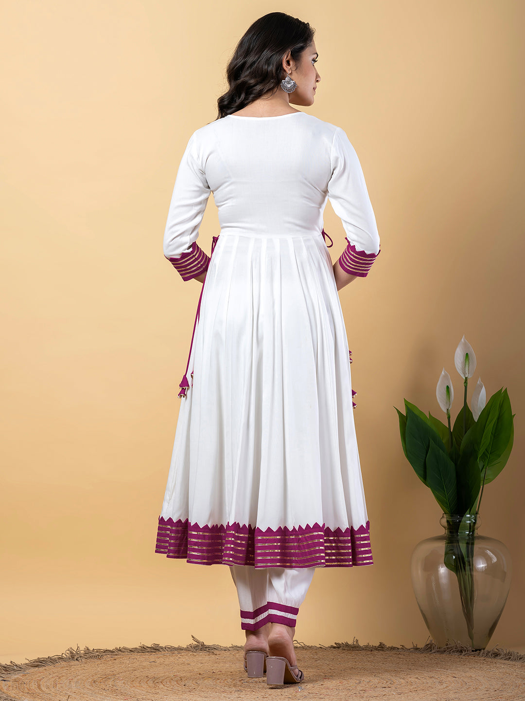 Purple White Anarkali Premium Rayon Kurta Pant Set with Cotton Dupatta–3 Piece Ready to Wear Salwar Kameez Suit Set-750123