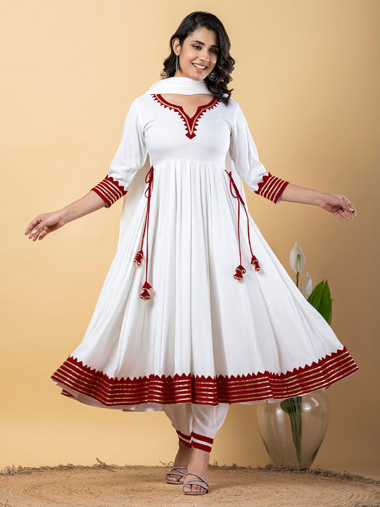Maroon White Anarkali Premium Rayon Kurta Pant Set with Cotton Dupatta–3 Piece Ready to Wear Salwar Kameez Suit Set-750124