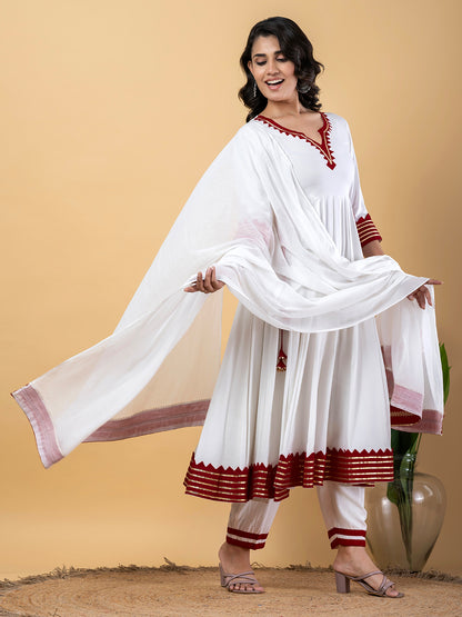 Maroon White Anarkali Premium Rayon Kurta Pant Set with Cotton Dupatta–3 Piece Ready to Wear Salwar Kameez Suit Set-750124