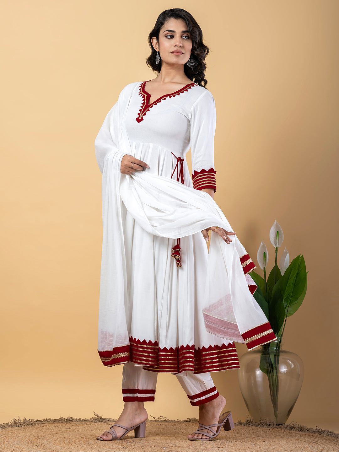 Maroon White Anarkali Premium Rayon Kurta Pant Set with Cotton Dupatta–3 Piece Ready to Wear Salwar Kameez Suit Set-750124