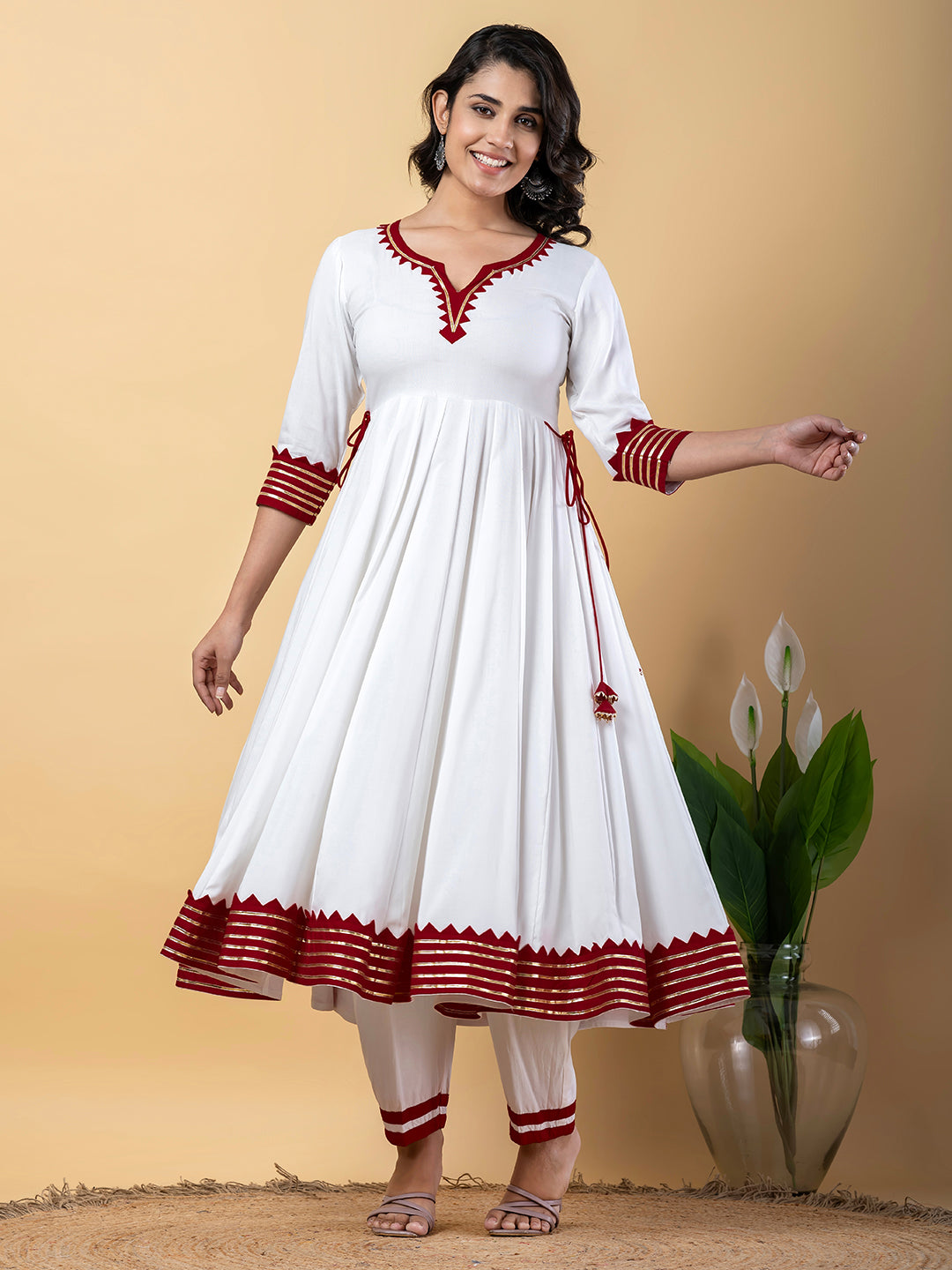 Maroon White Anarkali Premium Rayon Kurta Pant Set with Cotton Dupatta–3 Piece Ready to Wear Salwar Kameez Suit Set-750124
