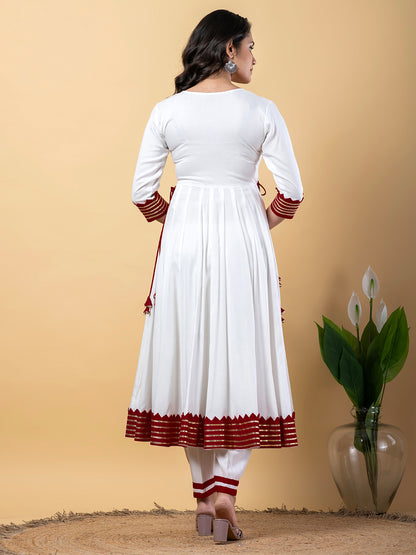Maroon White Anarkali Premium Rayon Kurta Pant Set with Cotton Dupatta–3 Piece Ready to Wear Salwar Kameez Suit Set-750124