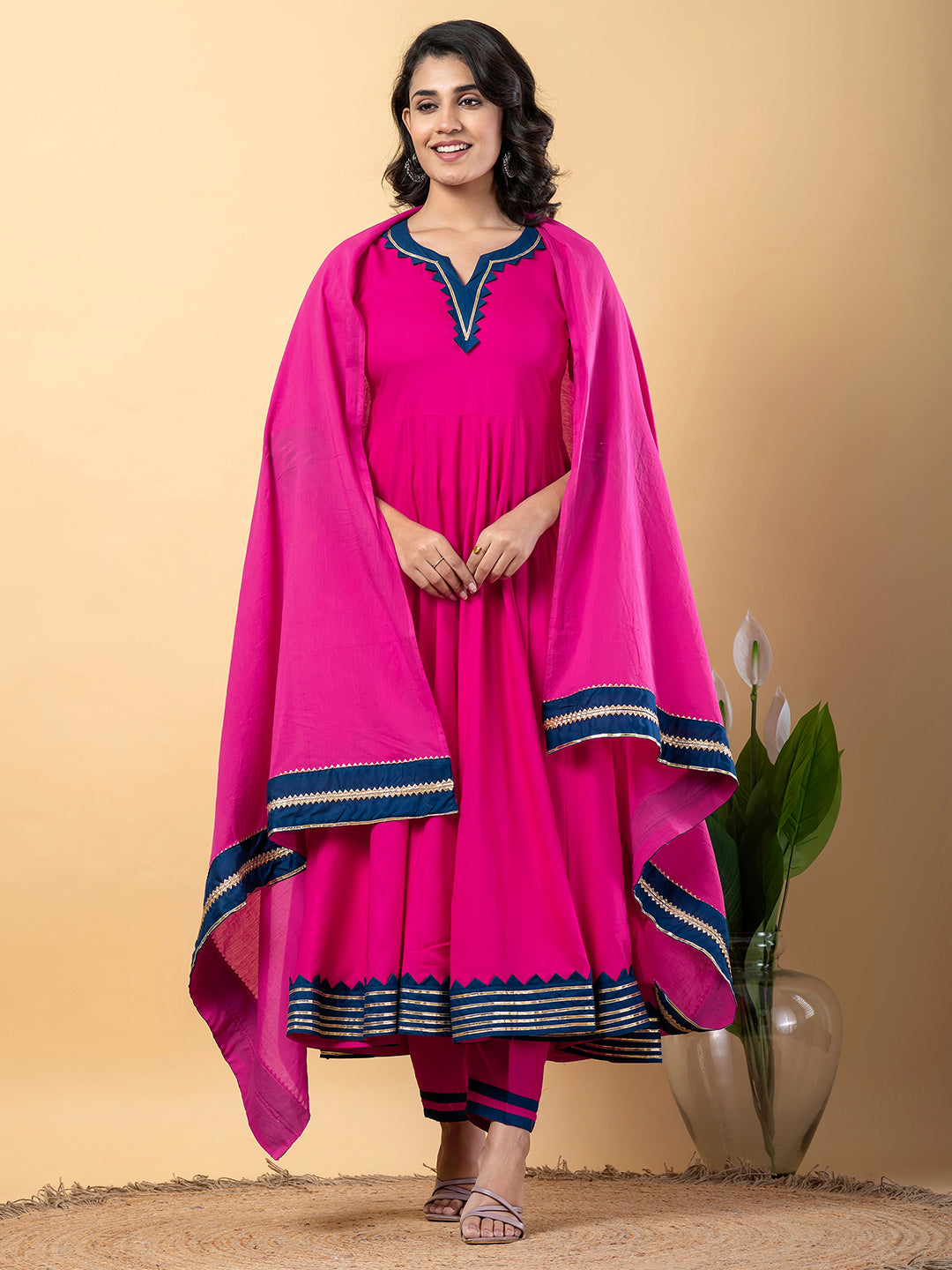 Pink Anarkali Premium Rayon Kurta Pant Set with Cotton Dupatta–3 Piece Ready to Wear Salwar Kameez Suit Set-750125