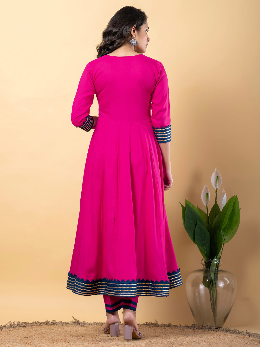 Pink Anarkali Premium Rayon Kurta Pant Set with Cotton Dupatta–3 Piece Ready to Wear Salwar Kameez Suit Set-750125