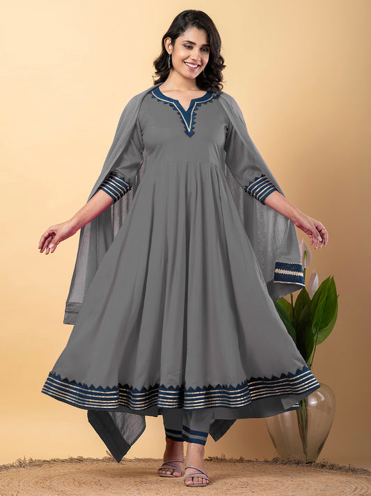 Grey Anarkali Premium Rayon Kurta Pant Set with Cotton Dupatta–3 Piece Ready to Wear Salwar Kameez Suit Set-750126