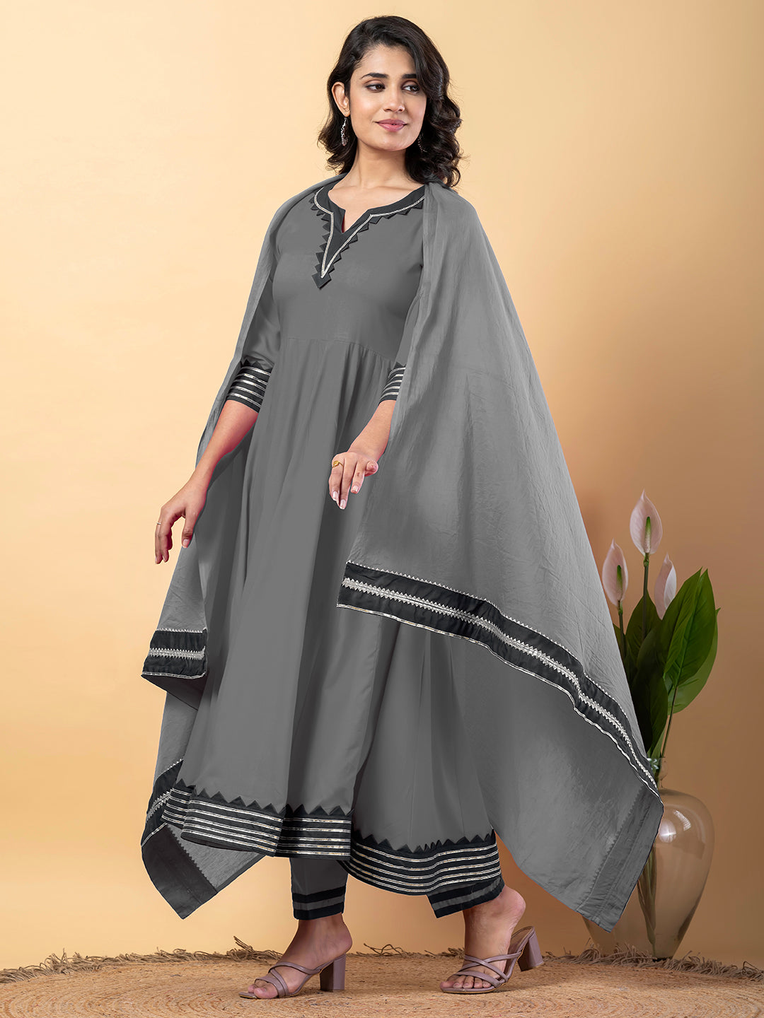 Grey Anarkali Premium Rayon Kurta Pant Set with Cotton Dupatta–3 Piece Ready to Wear Salwar Kameez Suit Set-750126