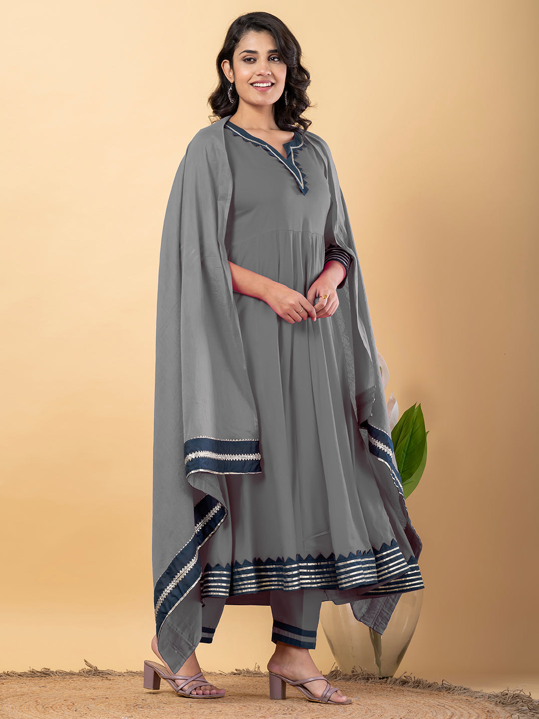 Grey Anarkali Premium Rayon Kurta Pant Set with Cotton Dupatta–3 Piece Ready to Wear Salwar Kameez Suit Set-750126