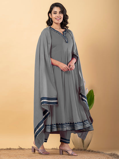 Grey Anarkali Premium Rayon Kurta Pant Set with Cotton Dupatta–3 Piece Ready to Wear Salwar Kameez Suit Set-750126