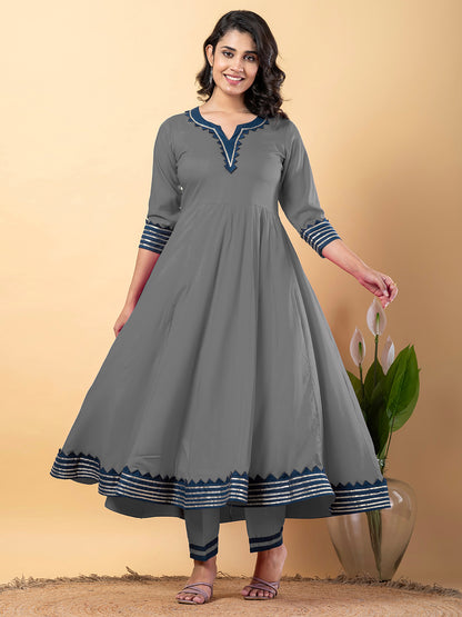 Grey Anarkali Premium Rayon Kurta Pant Set with Cotton Dupatta–3 Piece Ready to Wear Salwar Kameez Suit Set-750126