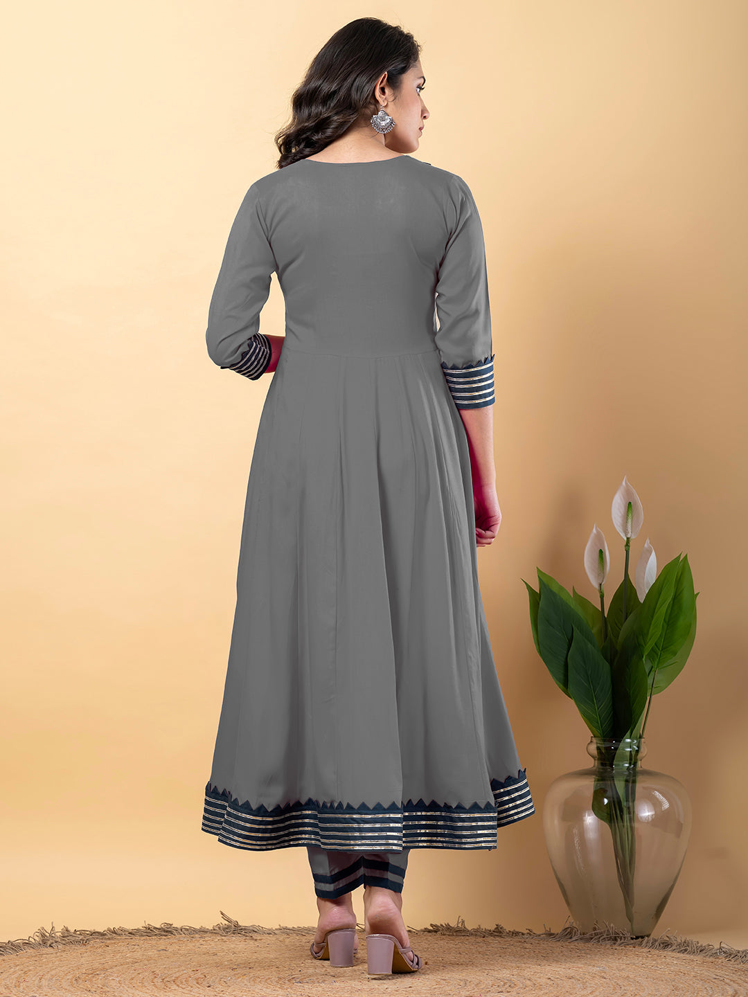 Grey Anarkali Premium Rayon Kurta Pant Set with Cotton Dupatta–3 Piece Ready to Wear Salwar Kameez Suit Set-750126