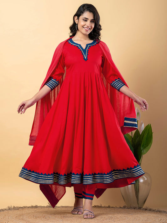 Red Anarkali Premium Rayon Kurta Pant Set with Cotton Dupatta–3 Piece Ready to Wear Salwar Kameez Suit Set-750127