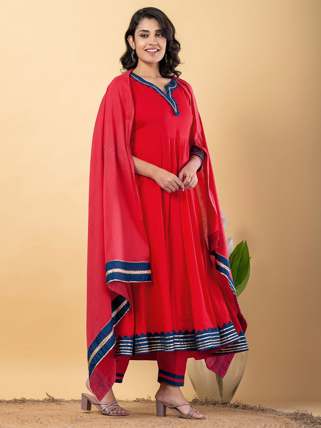 Red Anarkali Premium Rayon Kurta Pant Set with Cotton Dupatta–3 Piece Ready to Wear Salwar Kameez Suit Set-750127