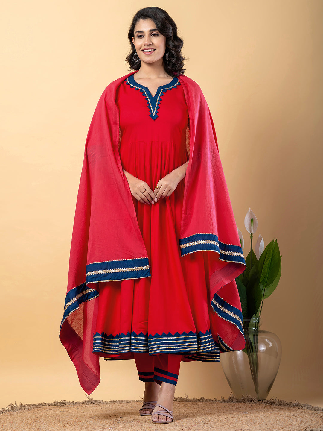 Red Anarkali Premium Rayon Kurta Pant Set with Cotton Dupatta–3 Piece Ready to Wear Salwar Kameez Suit Set-750127
