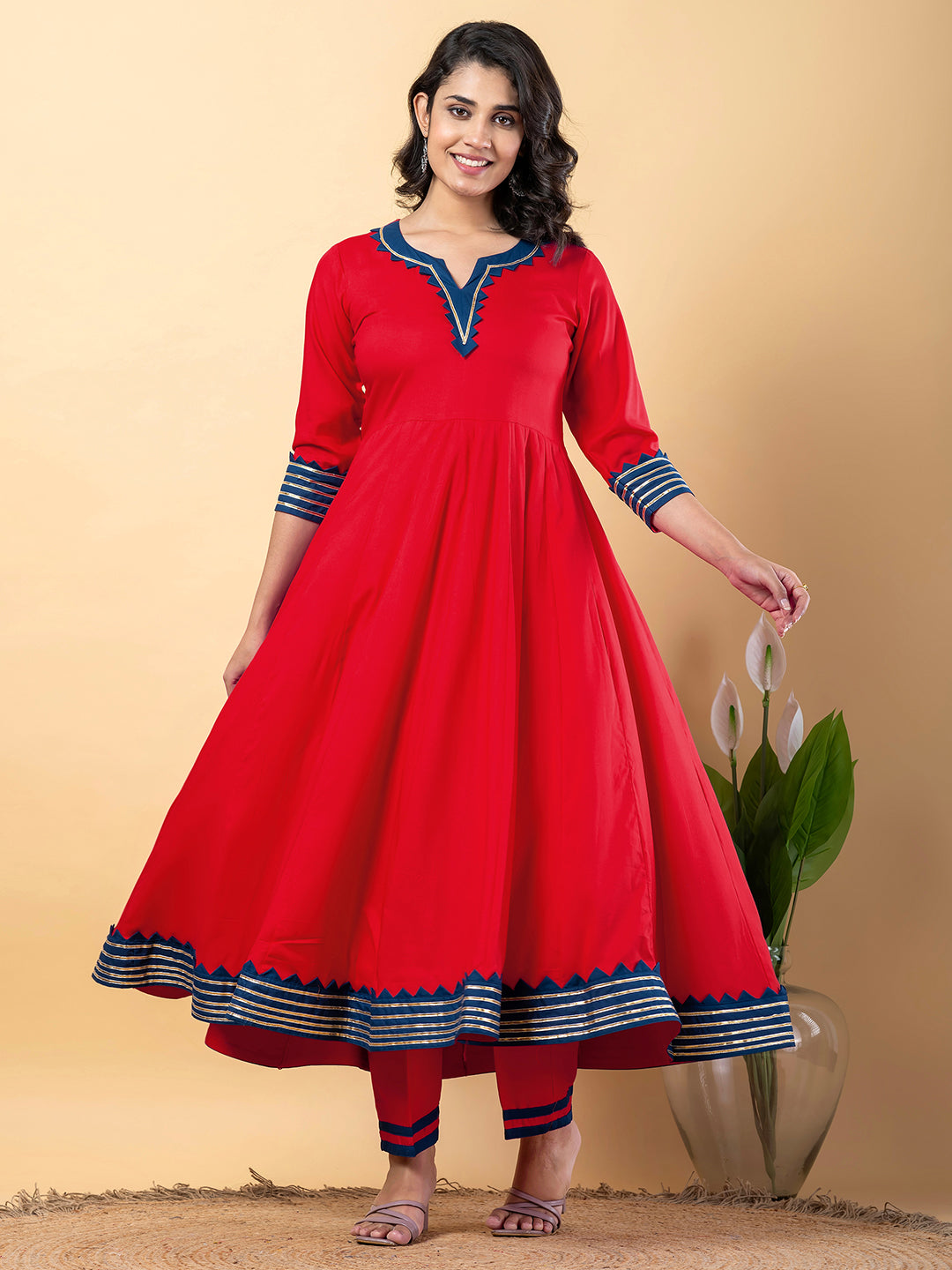 Red Anarkali Premium Rayon Kurta Pant Set with Cotton Dupatta–3 Piece Ready to Wear Salwar Kameez Suit Set-750127