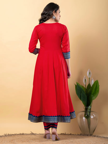 Red Anarkali Premium Rayon Kurta Pant Set with Cotton Dupatta–3 Piece Ready to Wear Salwar Kameez Suit Set-750127