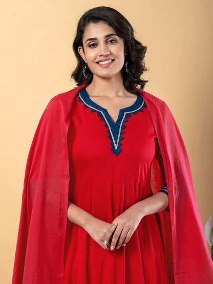 Red Anarkali Premium Rayon Kurta Pant Set with Cotton Dupatta–3 Piece Ready to Wear Salwar Kameez Suit Set-750127