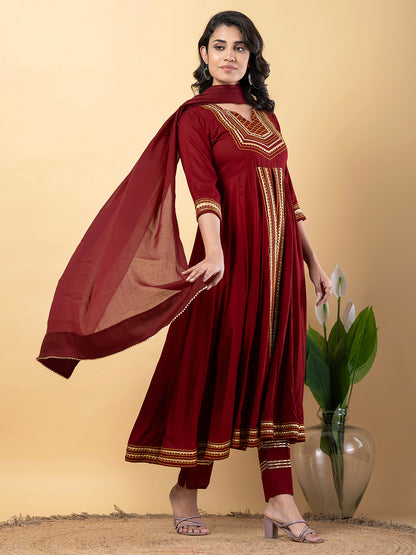 Maroon Anarkali Premium Rayon Kurta Pant Set with Cotton Dupatta Designer–3 Piece Ready to Wear Salwar Kameez Suit Set-750128