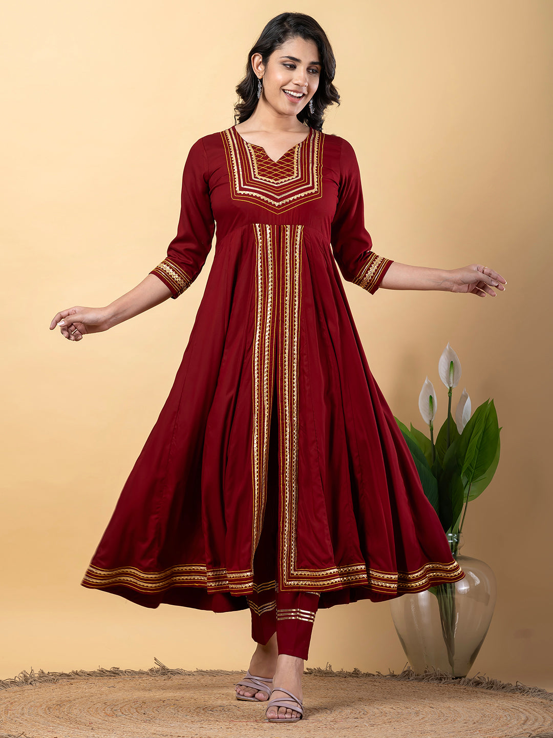 Maroon Anarkali Premium Rayon Kurta Pant Set with Cotton Dupatta Designer–3 Piece Ready to Wear Salwar Kameez Suit Set-750128