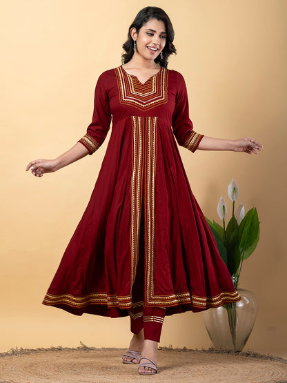 Maroon Anarkali Premium Rayon Kurta Pant Set with Cotton Dupatta Designer–3 Piece Ready to Wear Salwar Kameez Suit Set-750128