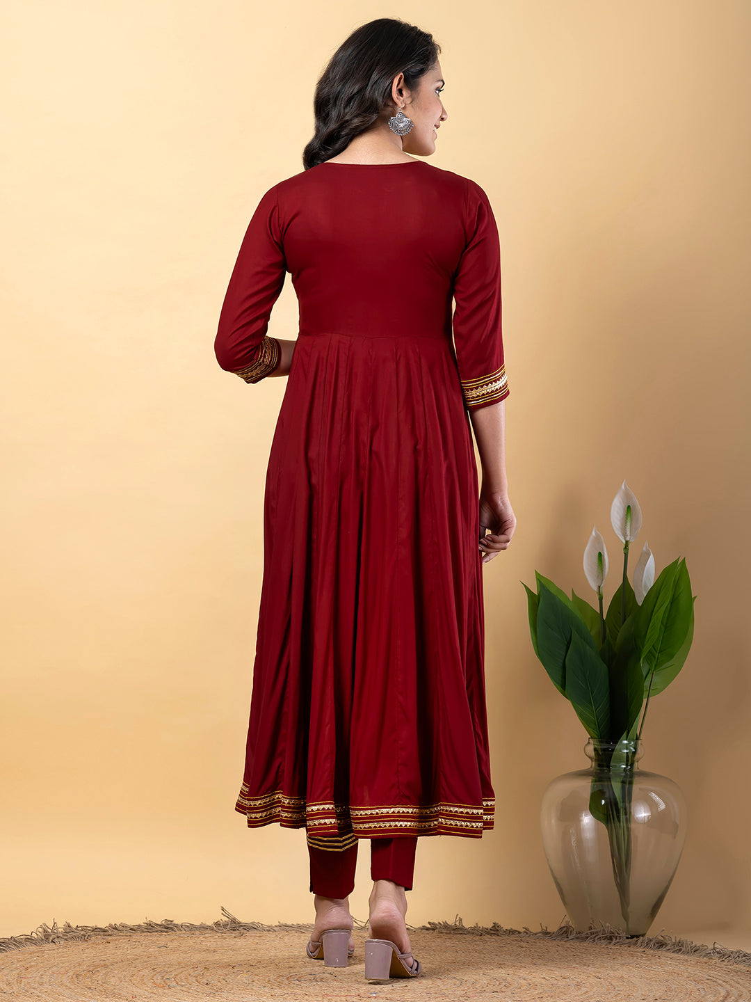 Maroon Anarkali Premium Rayon Kurta Pant Set with Cotton Dupatta Designer–3 Piece Ready to Wear Salwar Kameez Suit Set-750128