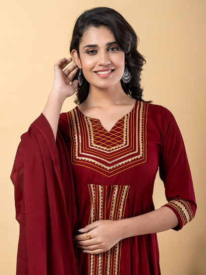 Maroon Anarkali Premium Rayon Kurta Pant Set with Cotton Dupatta Designer–3 Piece Ready to Wear Salwar Kameez Suit Set-750128