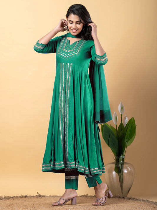 Green Anarkali Premium Rayon Kurta Pant Set with Cotton Dupatta Designer–3 Piece Ready to Wear Salwar Kameez Suit Set-750129