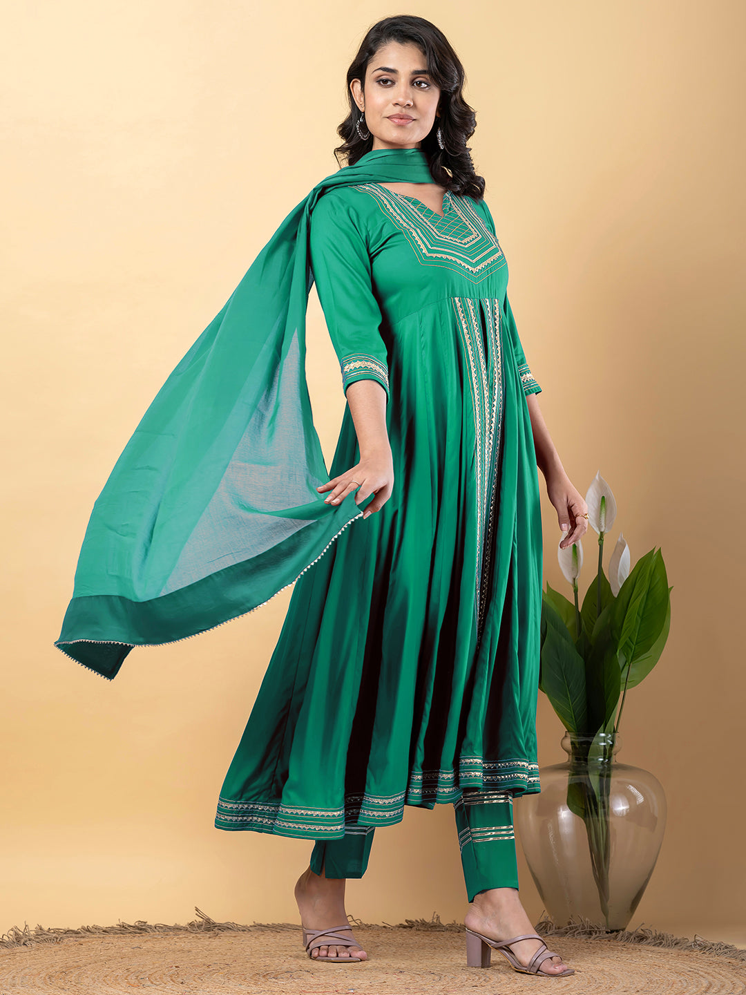 Green Anarkali Premium Rayon Kurta Pant Set with Cotton Dupatta Designer–3 Piece Ready to Wear Salwar Kameez Suit Set-750129
