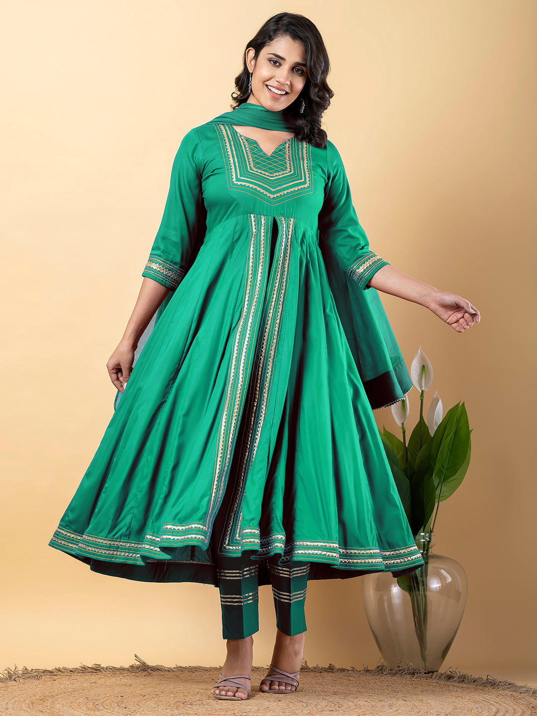 Green Anarkali Premium Rayon Kurta Pant Set with Cotton Dupatta Designer–3 Piece Ready to Wear Salwar Kameez Suit Set-750129