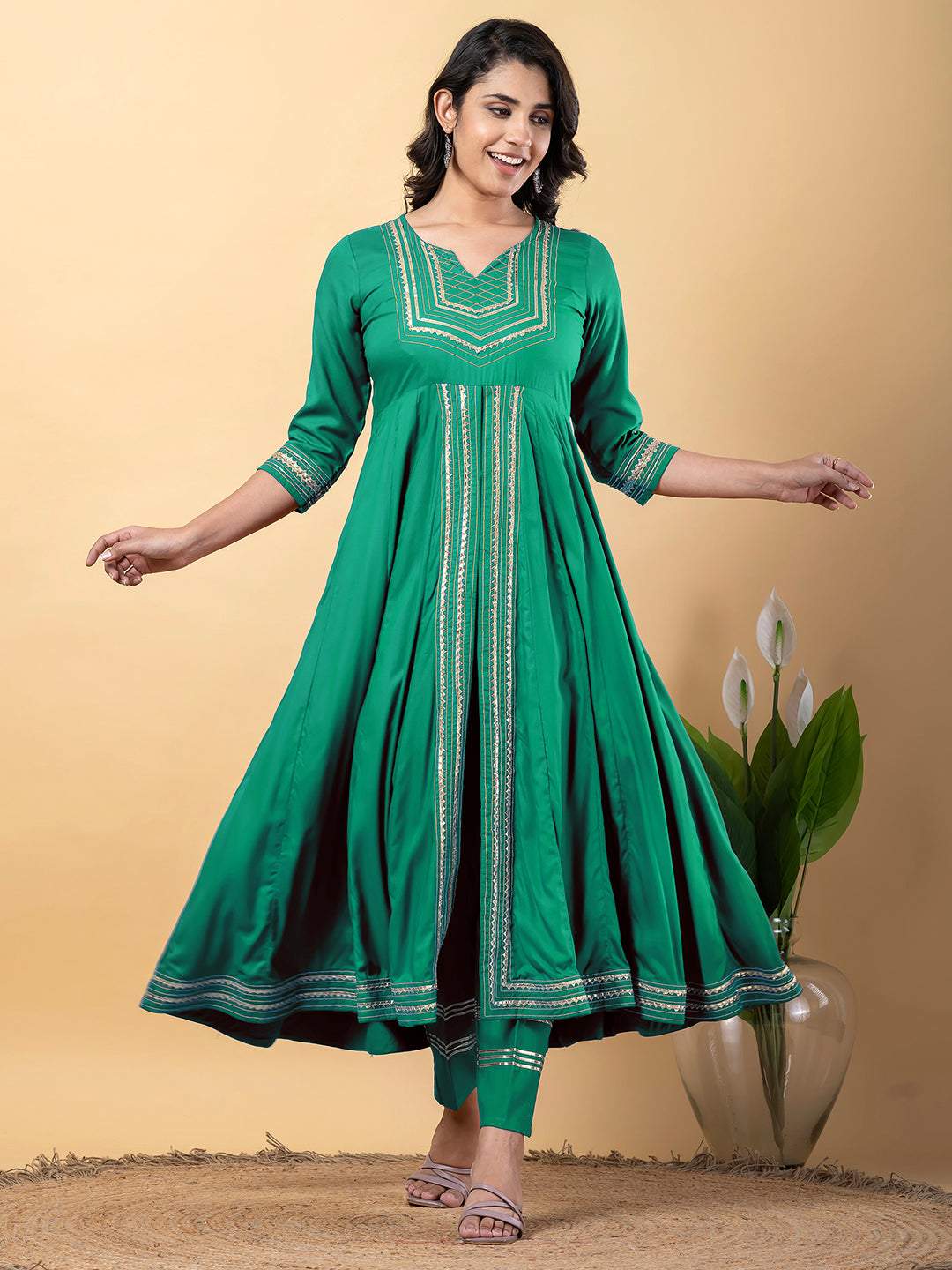 Green Anarkali Premium Rayon Kurta Pant Set with Cotton Dupatta Designer–3 Piece Ready to Wear Salwar Kameez Suit Set-750129