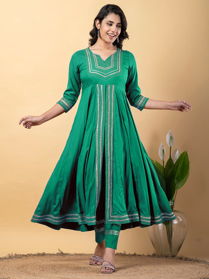 Green Anarkali Premium Rayon Kurta Pant Set with Cotton Dupatta Designer–3 Piece Ready to Wear Salwar Kameez Suit Set-750129