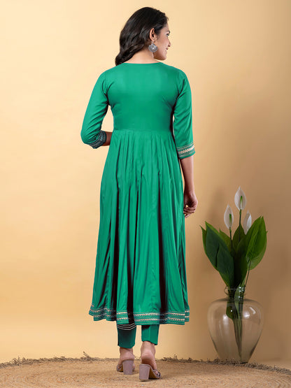 Green Anarkali Premium Rayon Kurta Pant Set with Cotton Dupatta Designer–3 Piece Ready to Wear Salwar Kameez Suit Set-750129